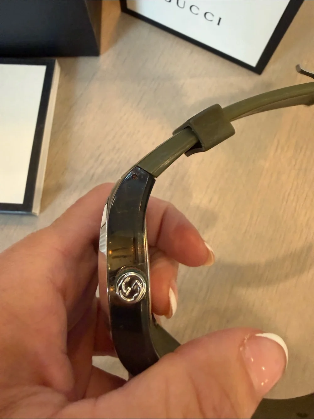 Gucci Men's Green and Gold Logo Dial Watch with Web Stripe